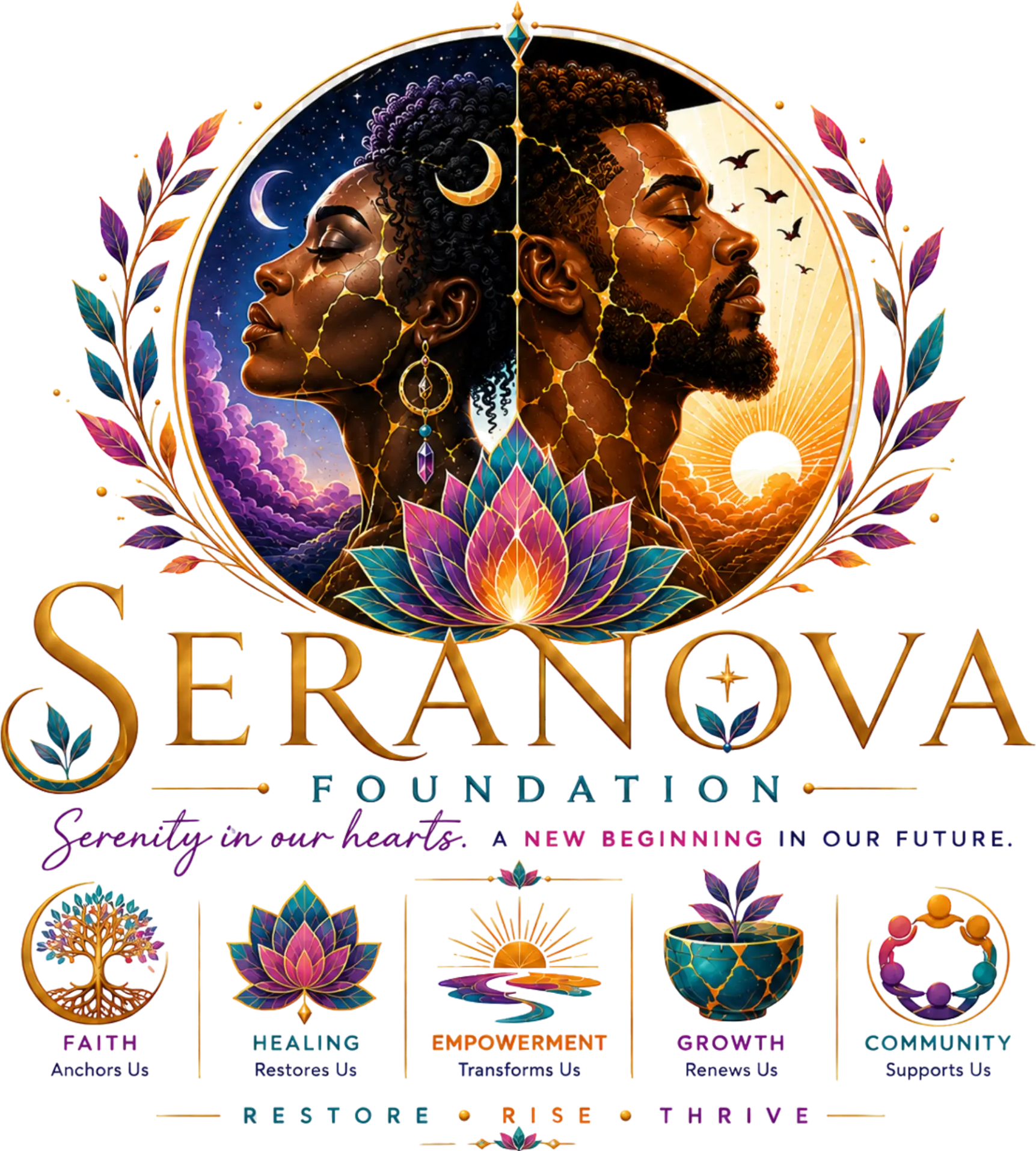 Seranova Foundation — two profiles joined by a lotus at dusk and dawn. Serenity in our hearts. A new beginning in our future.